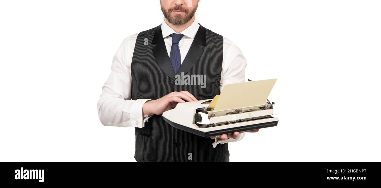 cropped secretary man typing on vintage typewriter, journalism Stock Photo