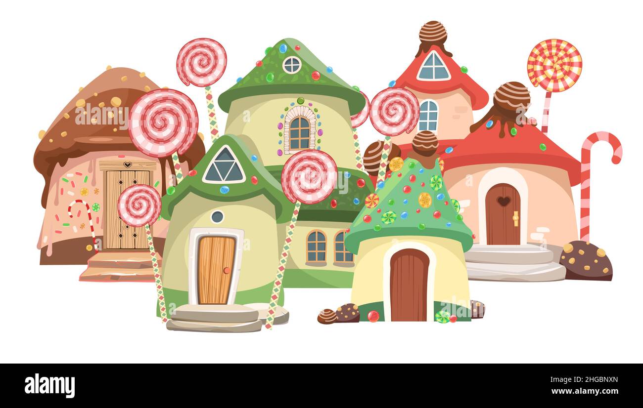 Dessert city. Sweet caramel fairy house. Illustration in cartoon style flat design. Picture for children isolated on white background. Vector Stock Vector