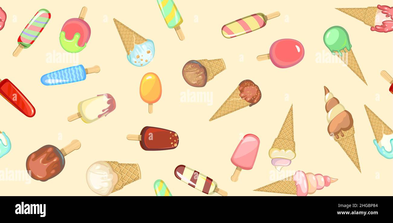 Ice cream pattern seamless. Background illustration. Yellow Wallpaper print. In waffle glasses and cones. Popsicle on sticks. Summer food sweet Stock Vector
