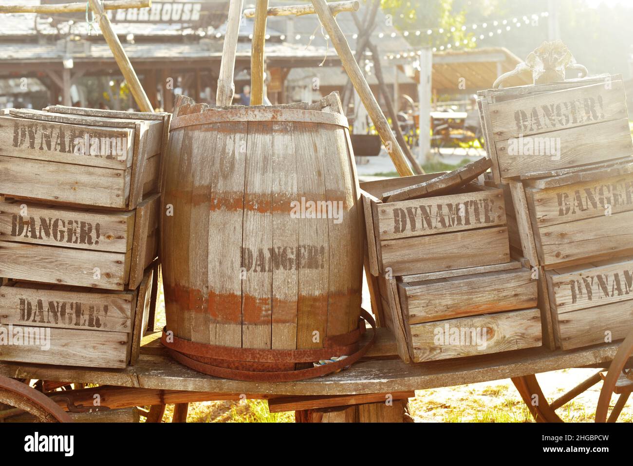 Western town road with various businesses and Depth of field. Stock Photo