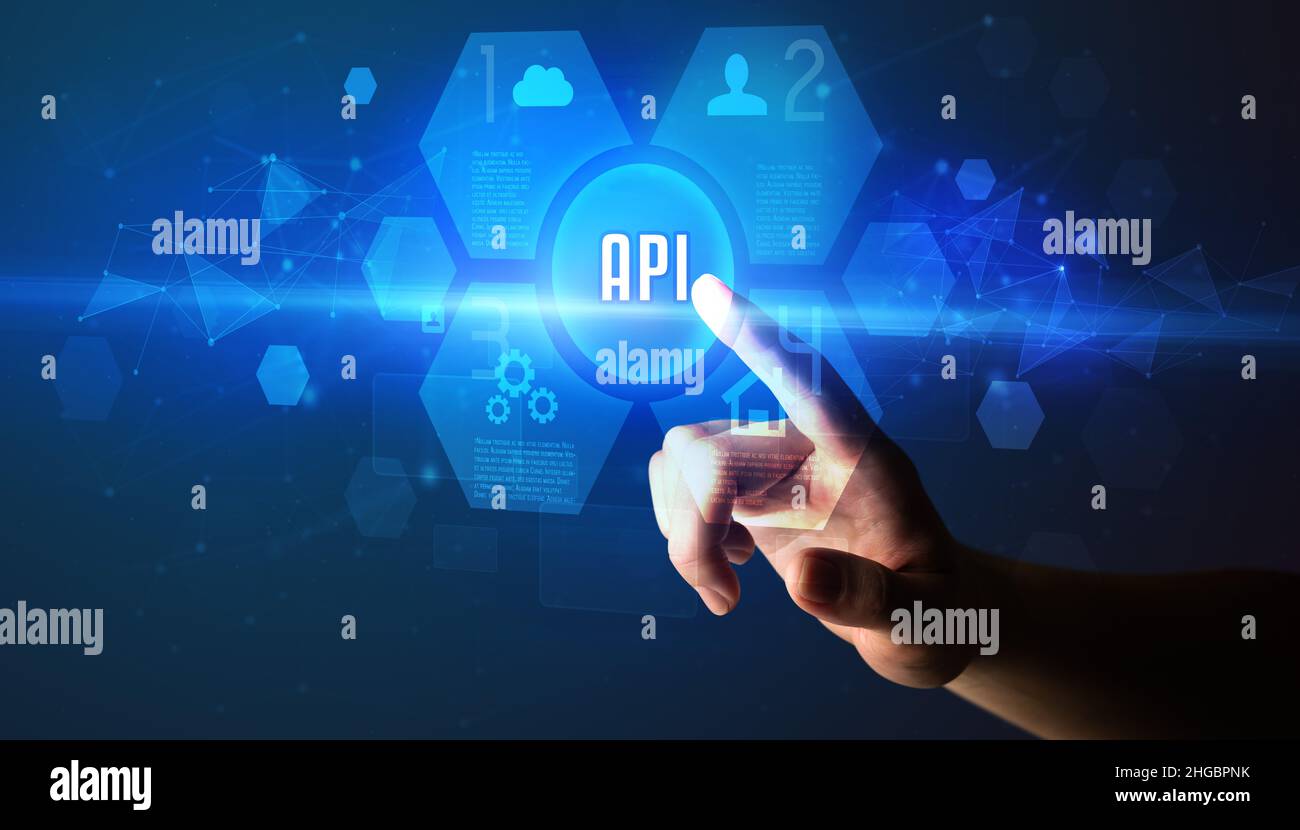 Hand touching digital button concept Stock Photo