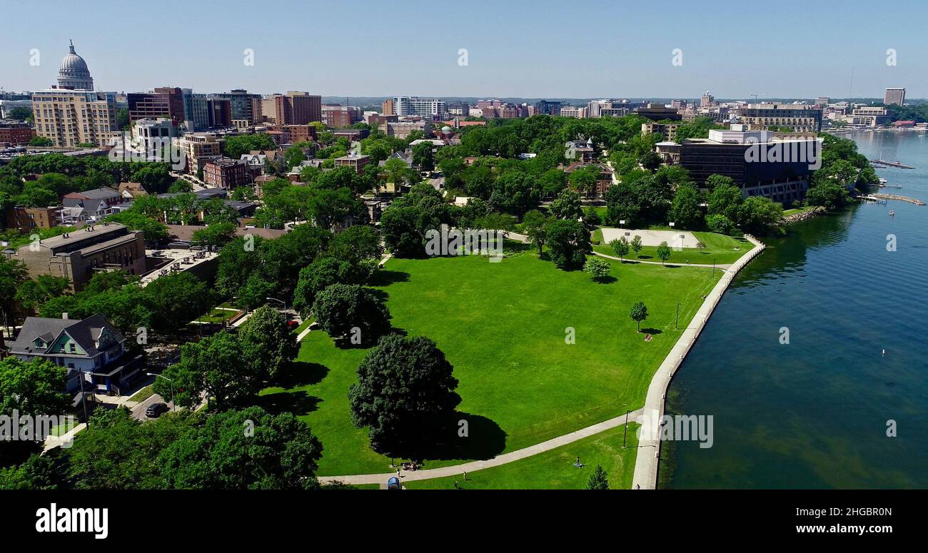Aerial view of City of Madison skyline, James Madison Park, on sunny