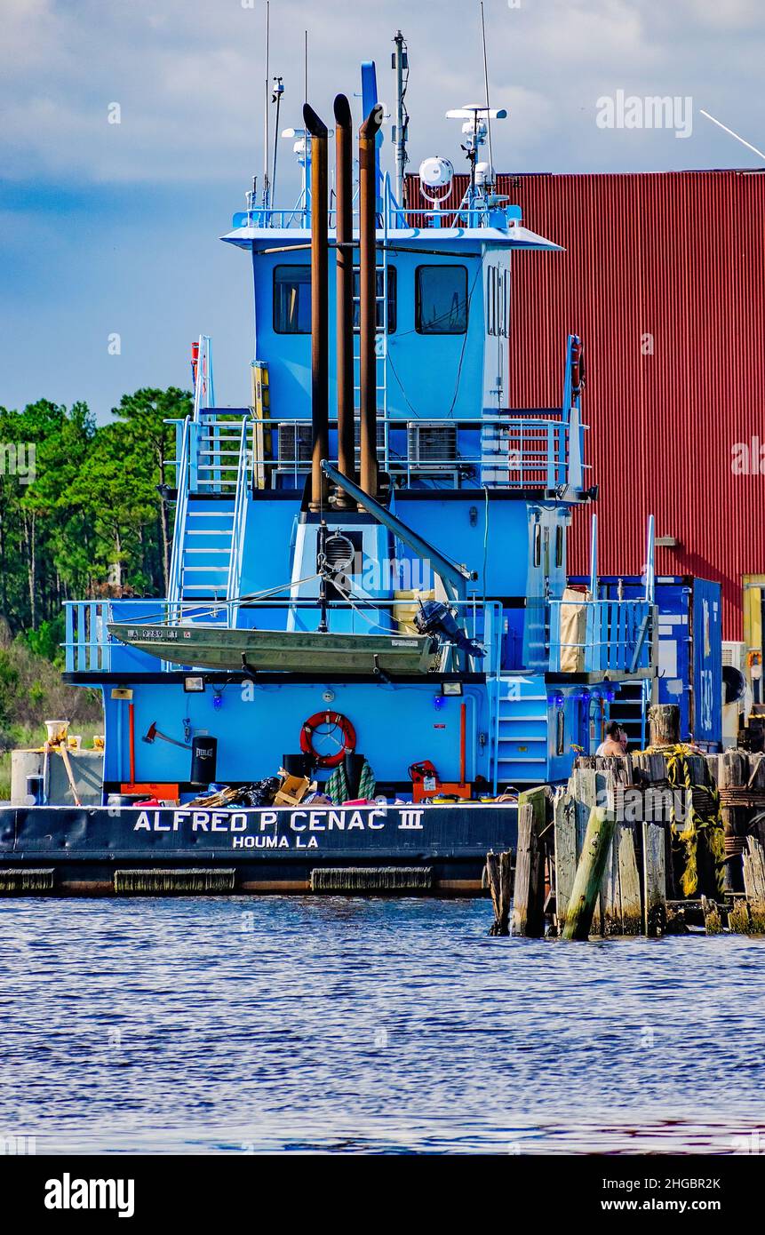 A triple screw towboat, Alfred P. Cenac III, is docked, July 13, 2021, in Bayou La Batre, Alabama. The vessel was built in 2007. Stock Photo