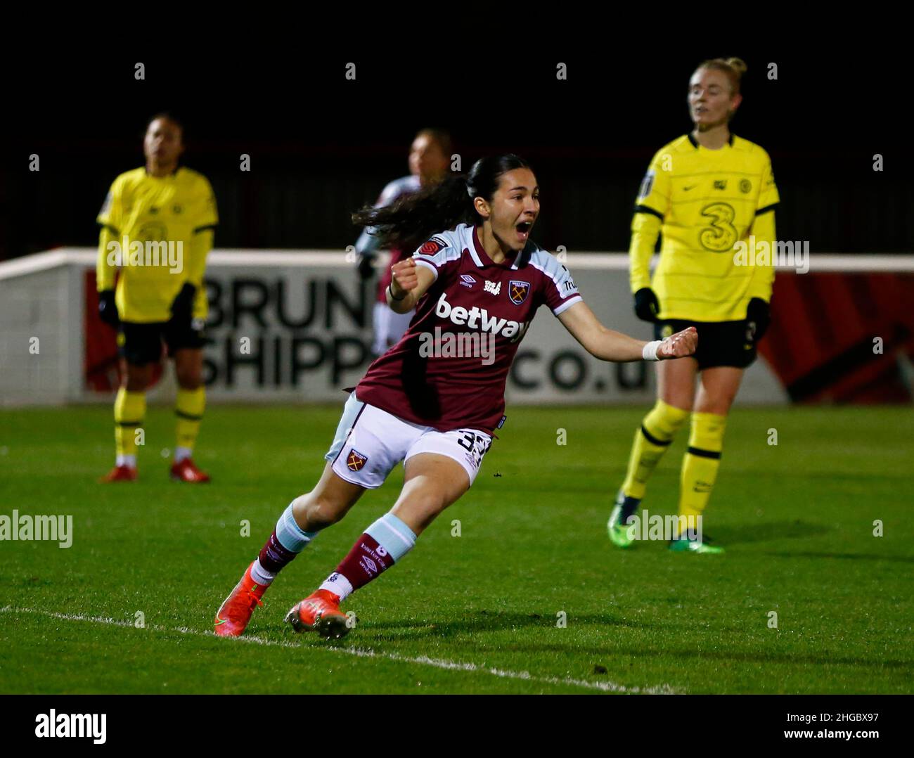 Dagenham, UK. 01st Feb, 2018. DAGENHAM, ENGLAND - JANUARY 19: Halle Houssein of West Ham United WFC celebrates her goal on her Debut Halle Houssein of West Ham United WFC during FA Women's Continental League Cup Quarter Final between West Ham United Women and ChelseaWomen, at The Chigwell Construction Stadium on 19th January, 2022 in Dagenham, England Credit: Action Foto Sport/Alamy Live News Stock Photo