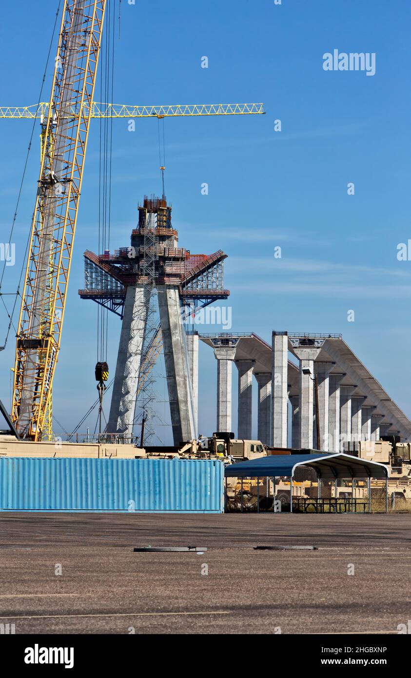 New Harbor Bridge construction, crossing the Corpus Christi Ship Channel which serves the port of Corpus Christi. TX Stock Photo