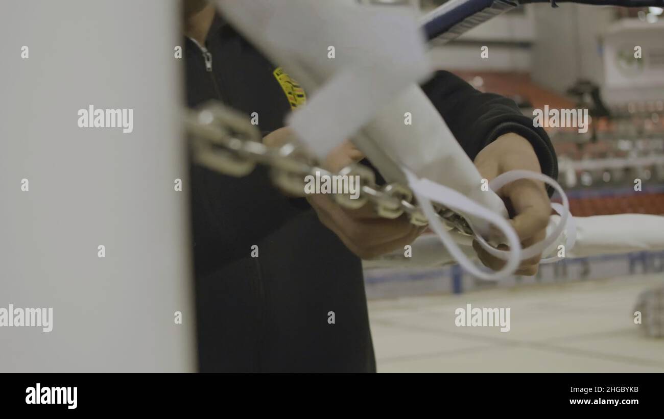 Men workers build a Boxing ring to fight. Training Boxing ring to the view that everything has