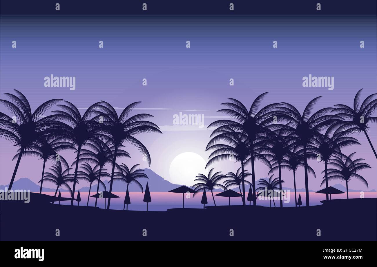 Palm Night Seminyak Beach Dream Land Vacation Landscape View Illustration Stock Vector