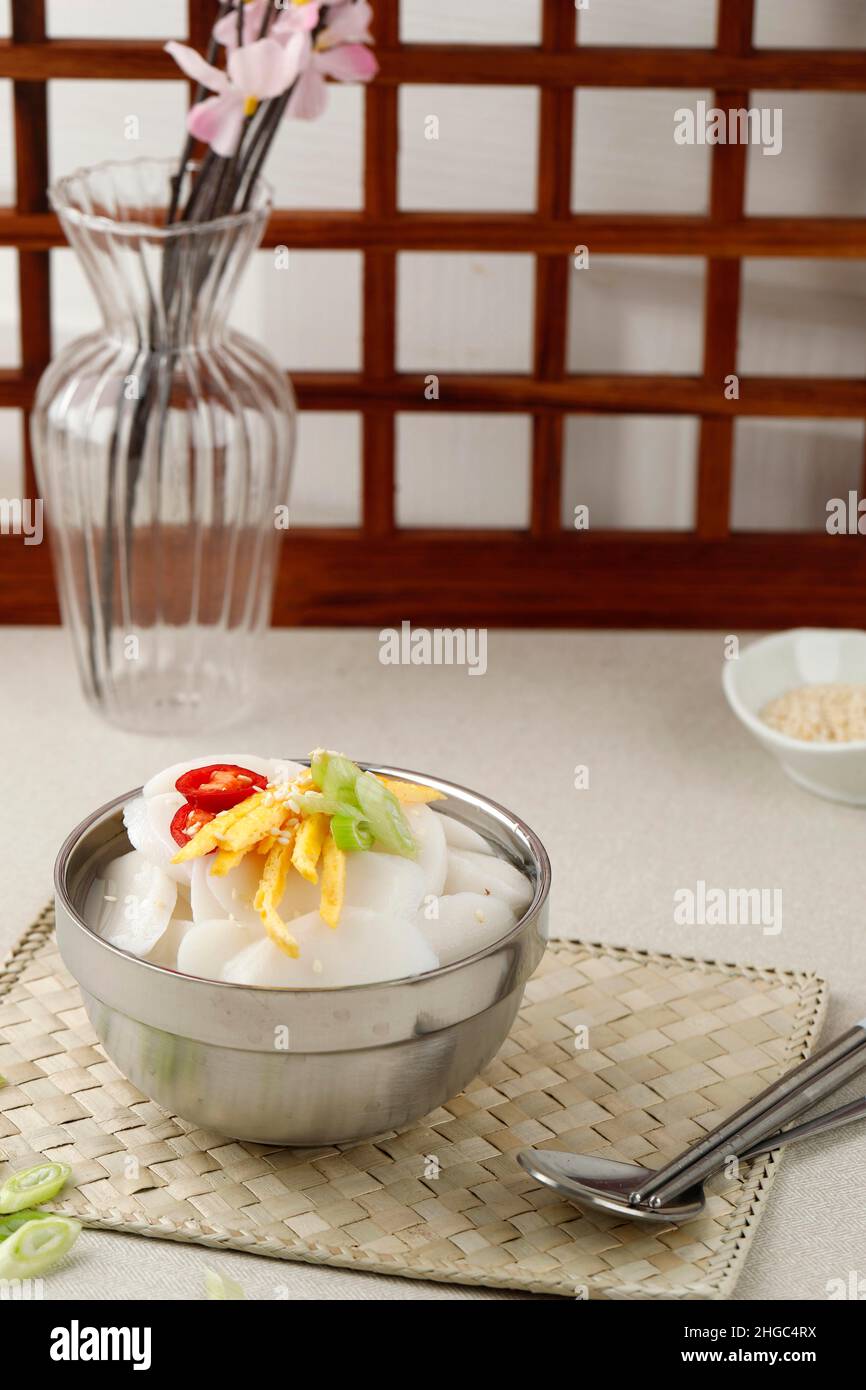 Korean traditional food rice cake soup, tteokguk for Seollal Stock