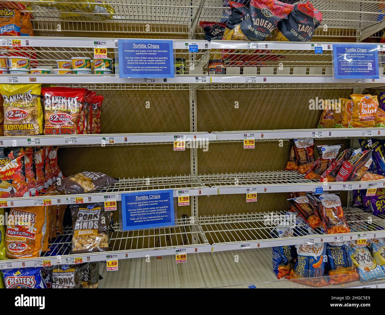 Emporia, KS, USA. 19th Jan, 2022. Nearly empty grocery store shelves