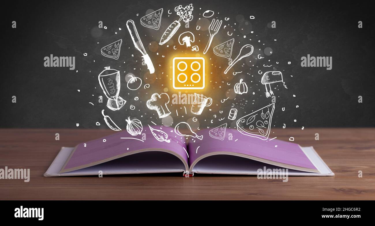 Open recipe book with food related icons above Stock Photo
