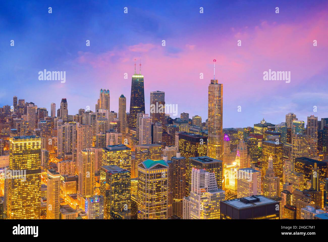 Aerial View Of Chicago Downtown At Sunset From High Above Stock Photo