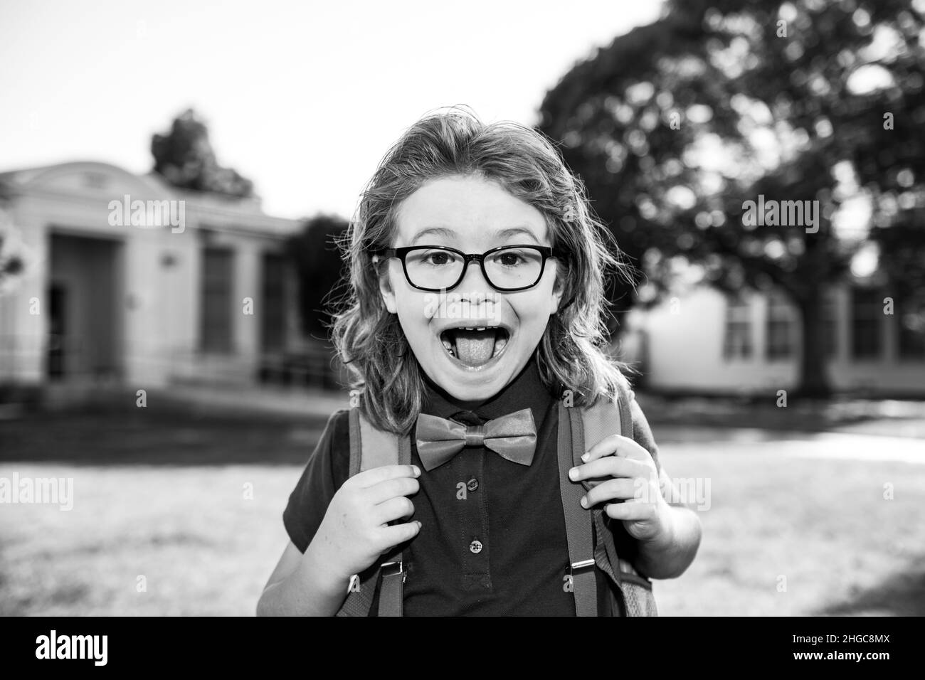 Schoolboy ready to study. Education and learning for kids. Portrait of elementary amazed pupil in school park. Stock Photo