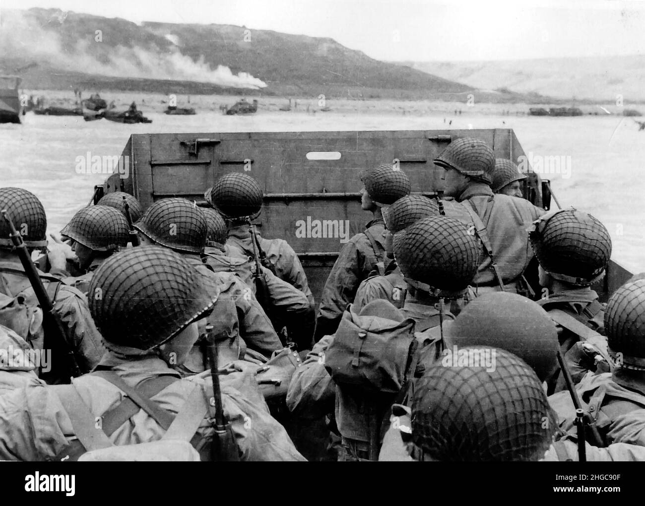 American troops in a landing craft approach Omaha Beach during the D-Day landings on the 6 June 1944. Stock Photo