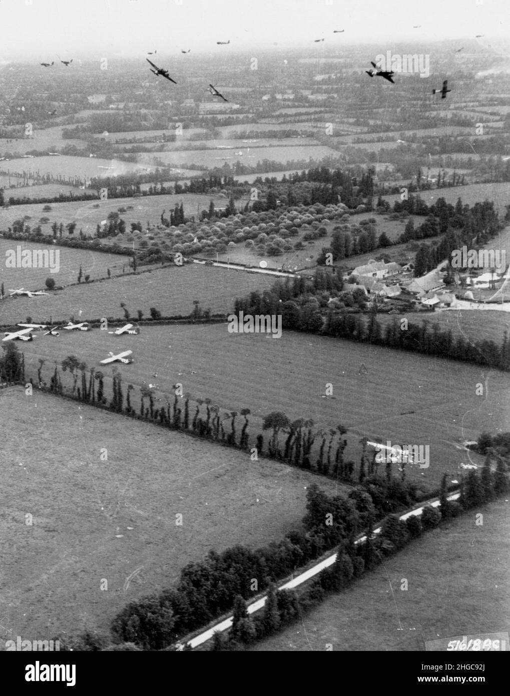 Gliders landing on the Cotentin Peninsula during the D-Day landings, towed by by Douglas C-47 Skytrains. 6 June 1944 Stock Photo