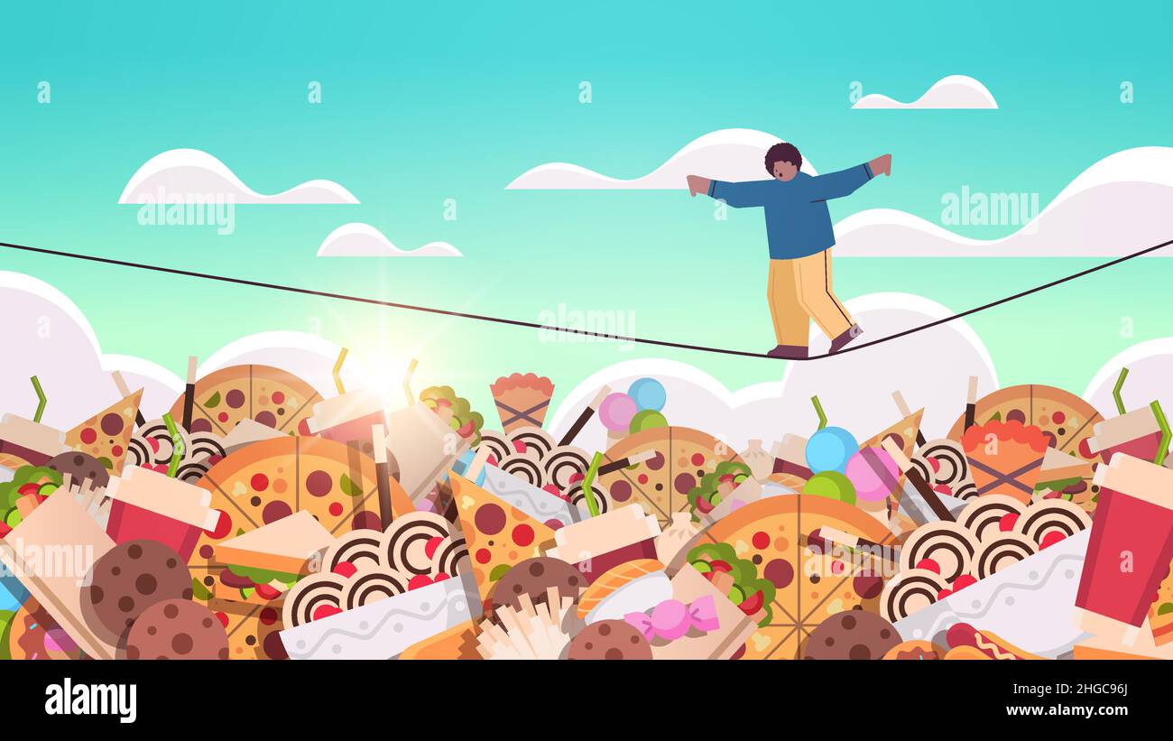 Food Save Rope overweight boy balancing on rope above junk food assortment of fast ...
