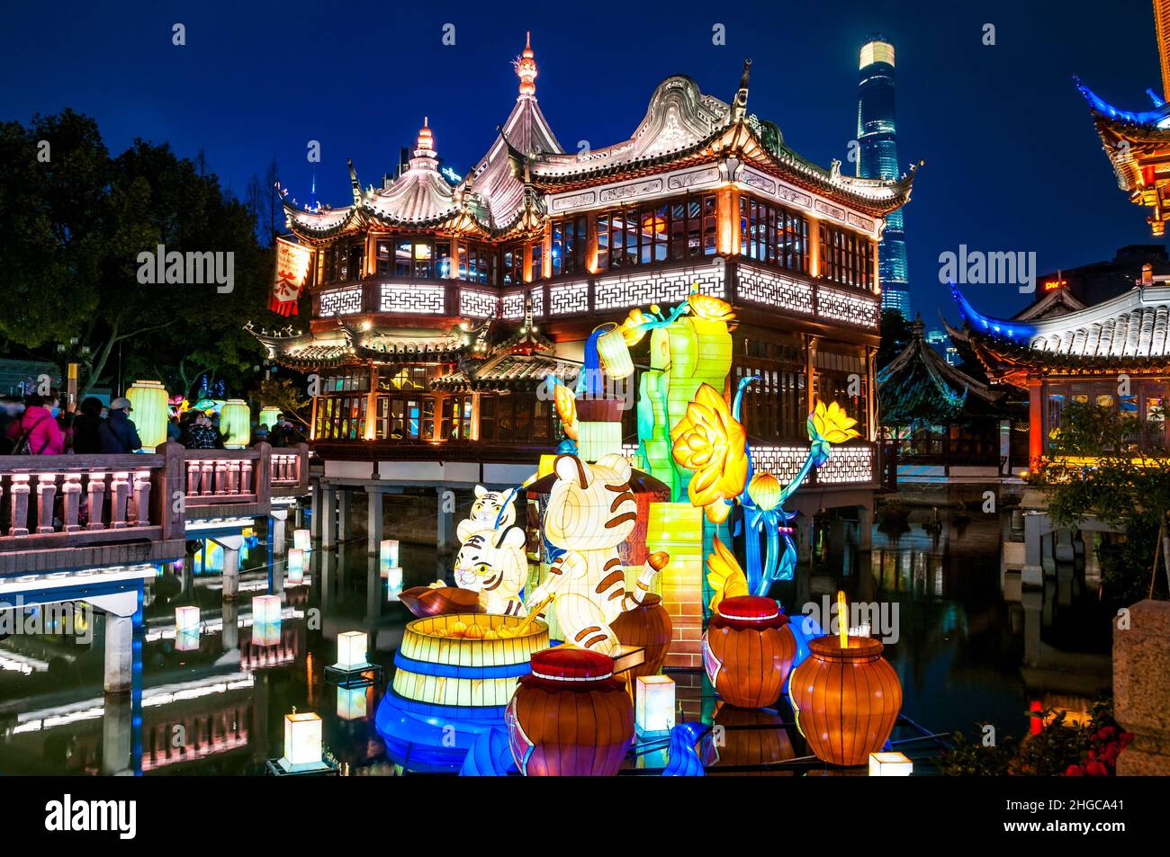 The Huxinting Teahouse at night with Year of the Tiger decorations in front for Chinese New Year at Shanghai’s Yuyuan, in Huangpu District, Shanghai, Stock Photo