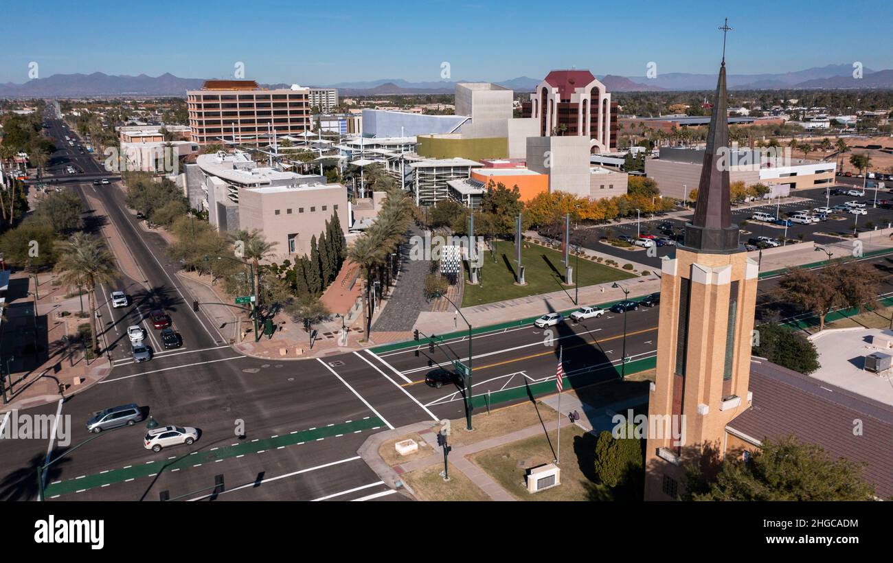 Daytime aerial skyline view of downtown Mesa, Arizona, USA Stock Photo