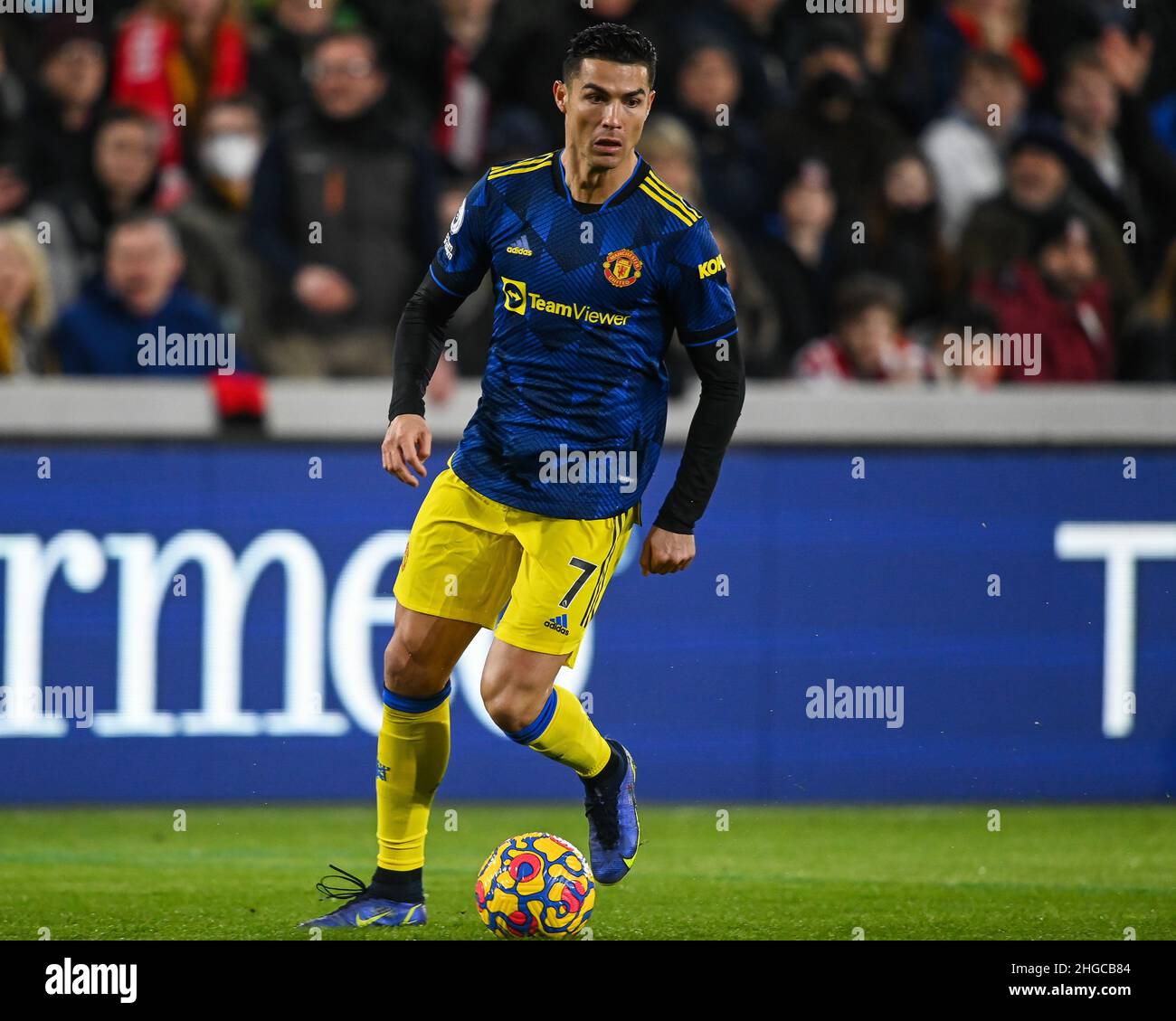 Cristiano Ronaldo #7 of Manchester United makes a break with the ball in, on 1/19/2022. (Photo by Craig Thomas/News Images/Sipa USA) Credit: Sipa USA/Alamy Live News Stock Photo