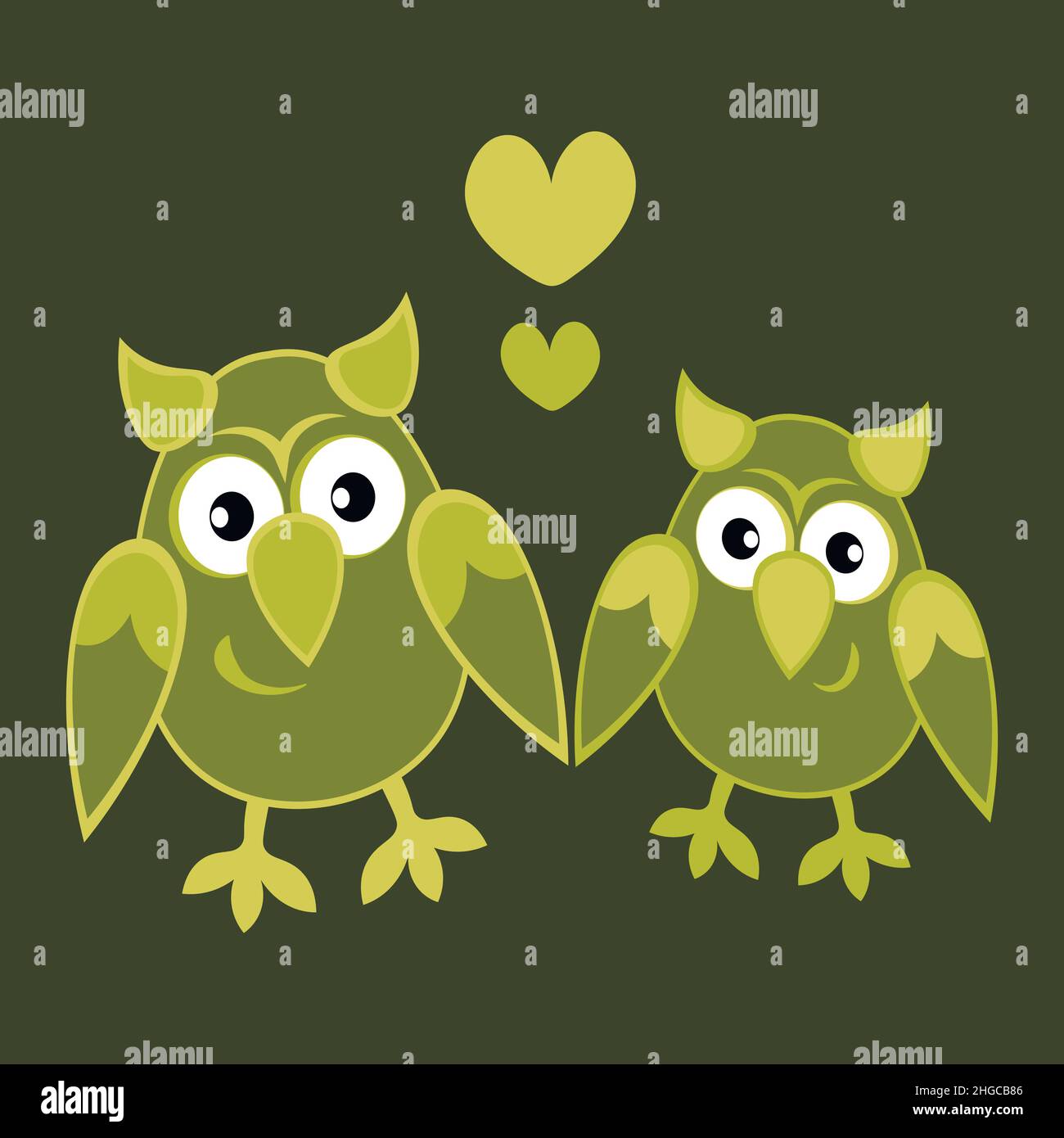 Illustration on a square background - two owls in love with hearts ...