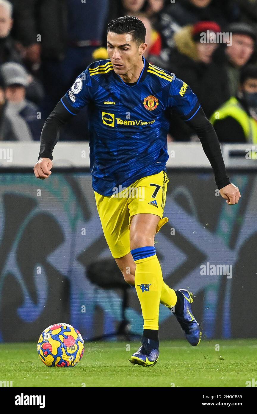 Cristiano Ronaldo #7 of Manchester United makes a break with the ball in, on 1/19/2022. (Photo by Craig Thomas/News Images/Sipa USA) Credit: Sipa USA/Alamy Live News Stock Photo