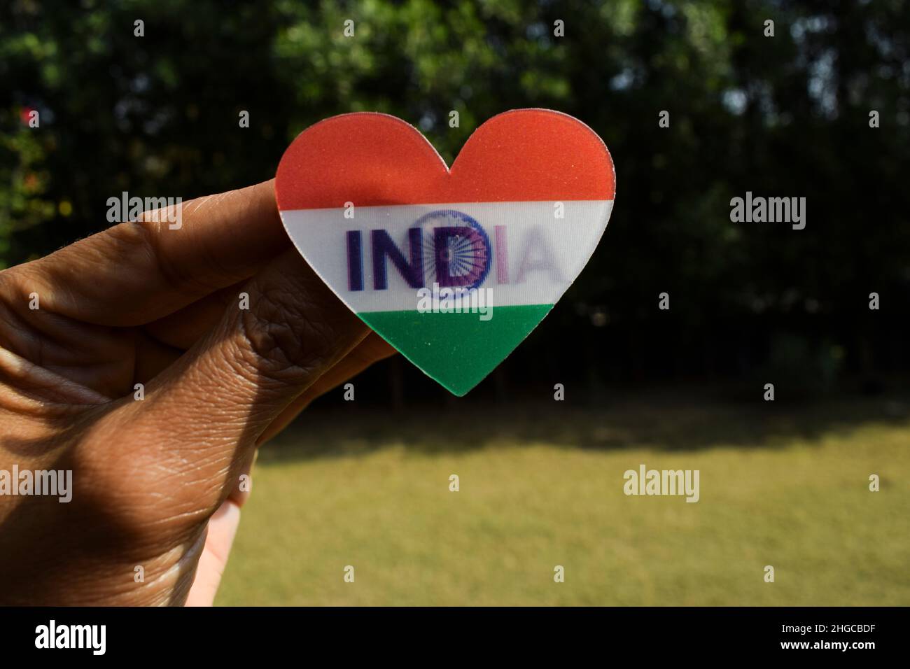 Happy republic day and Happy Independence day theme Indian tricolor flag 3 dimentional heart shape. India flag badge pin stickers design background Stock Photo