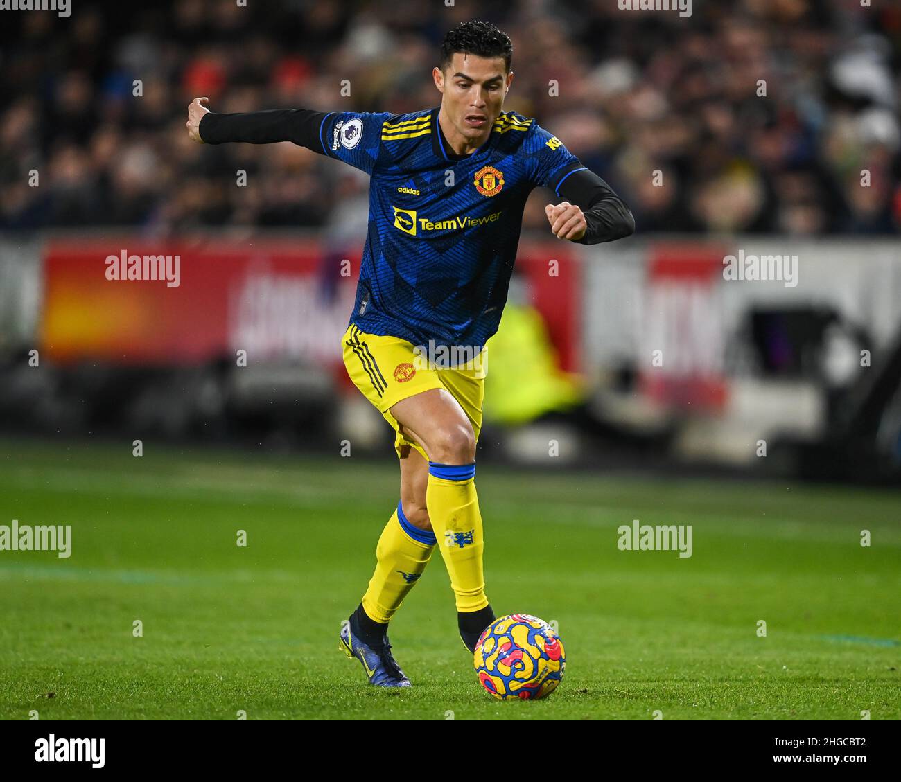 Cristiano Ronaldo #7 of Manchester United makes a break with the ball in, on 1/19/2022. (Photo by Craig Thomas/News Images/Sipa USA) Credit: Sipa USA/Alamy Live News Stock Photo