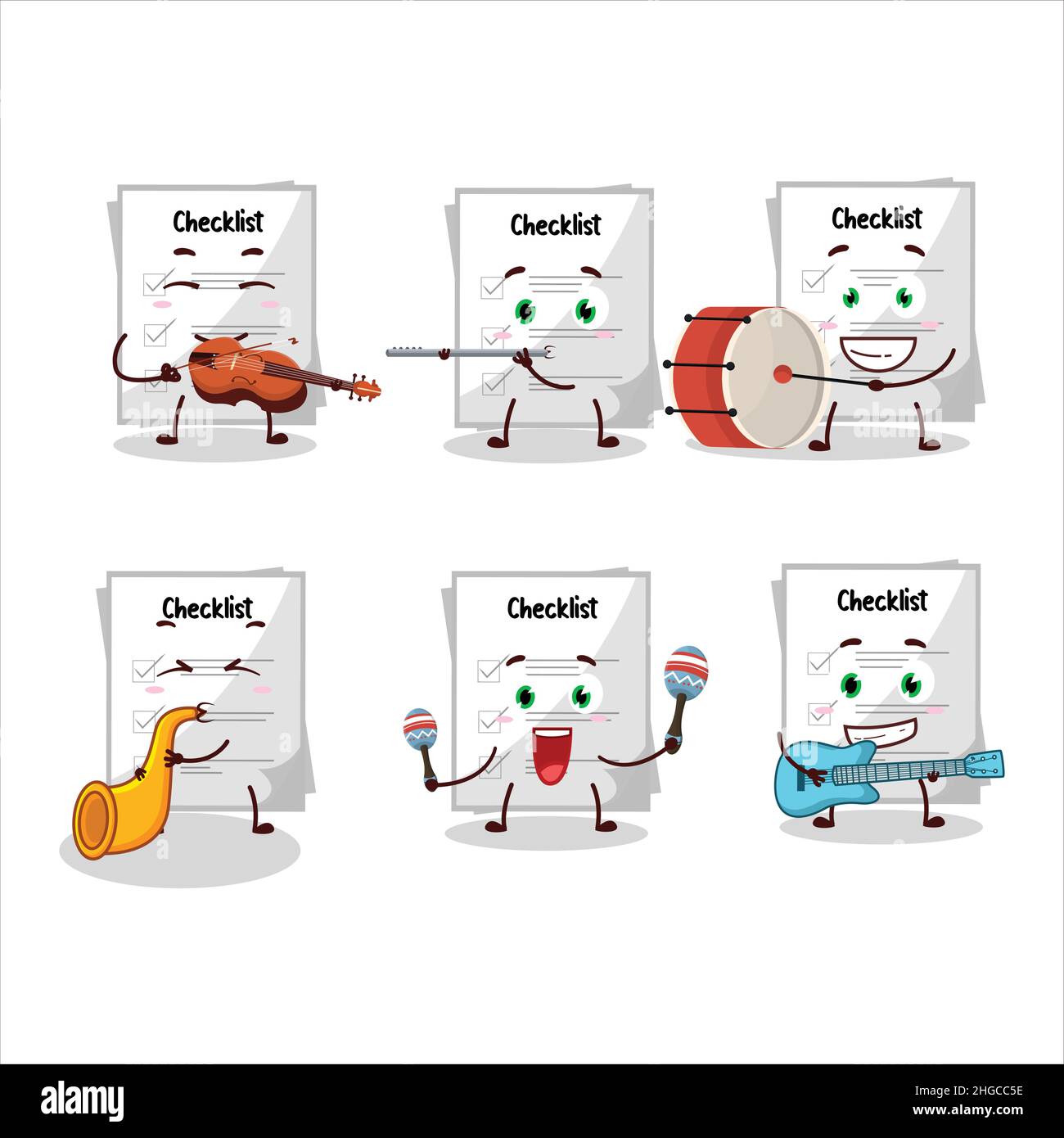 Cartoon character of paper sheet playing some musical instruments