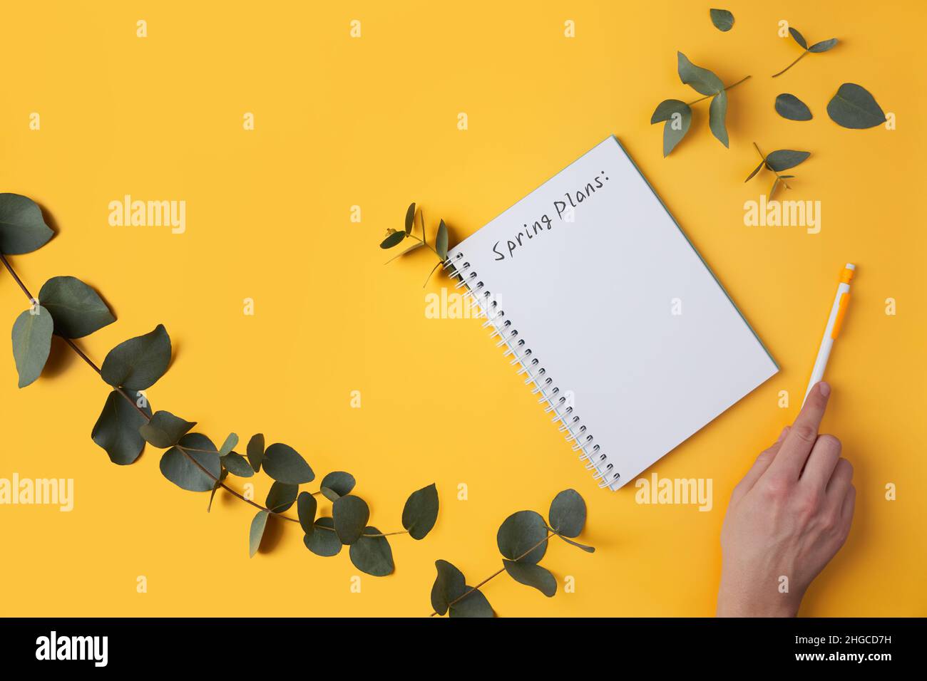 Spring plans text. Eucalyptus leaves and a notebook, a woman's hand ...