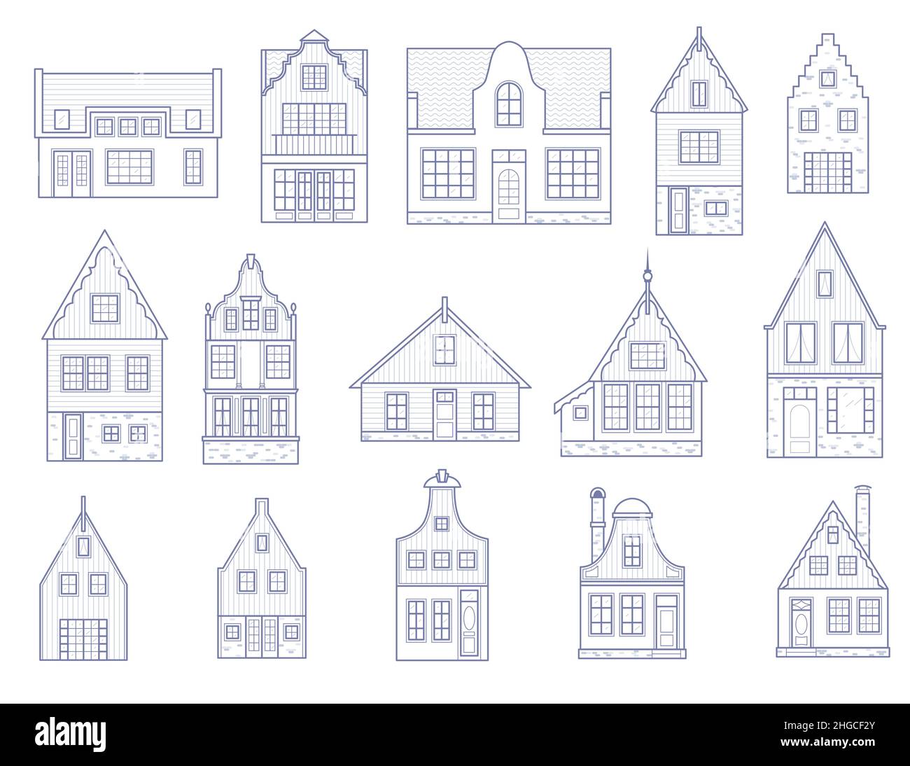 Amsterdam houses. Facades of European old buildings. Holland homes. Vector set outline illustration Stock Vector