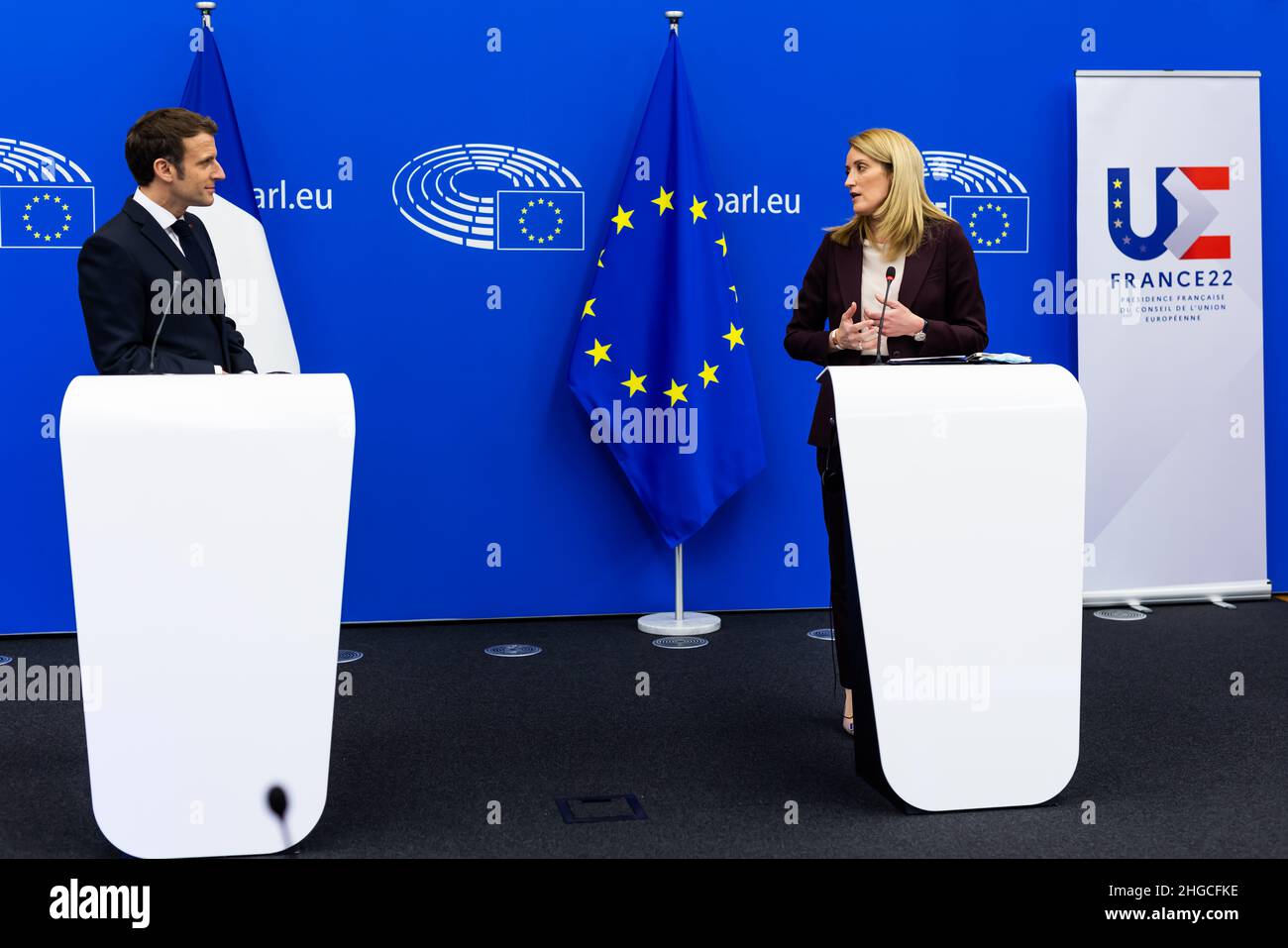 19 January 2022, France, Straßburg: Emmanuel Macron (l, LaREM), President of France, and Roberta Metsola (r, Partit Nazzjonalista), President of the European Parliament, stand during a press statement in the European Parliament building. During today's plenary session of the European Parliament, Emmanuel Macron presents the objectives of France's incoming presidency. Photo: Philipp von Ditfurth/dpa Stock Photo