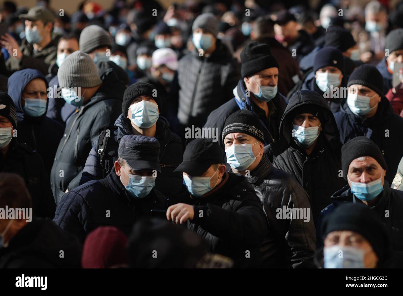 Bucharest, Romania - January 19, 2022: Bucharest Transport Society employees protest in front of the company HQ. Stock Photo