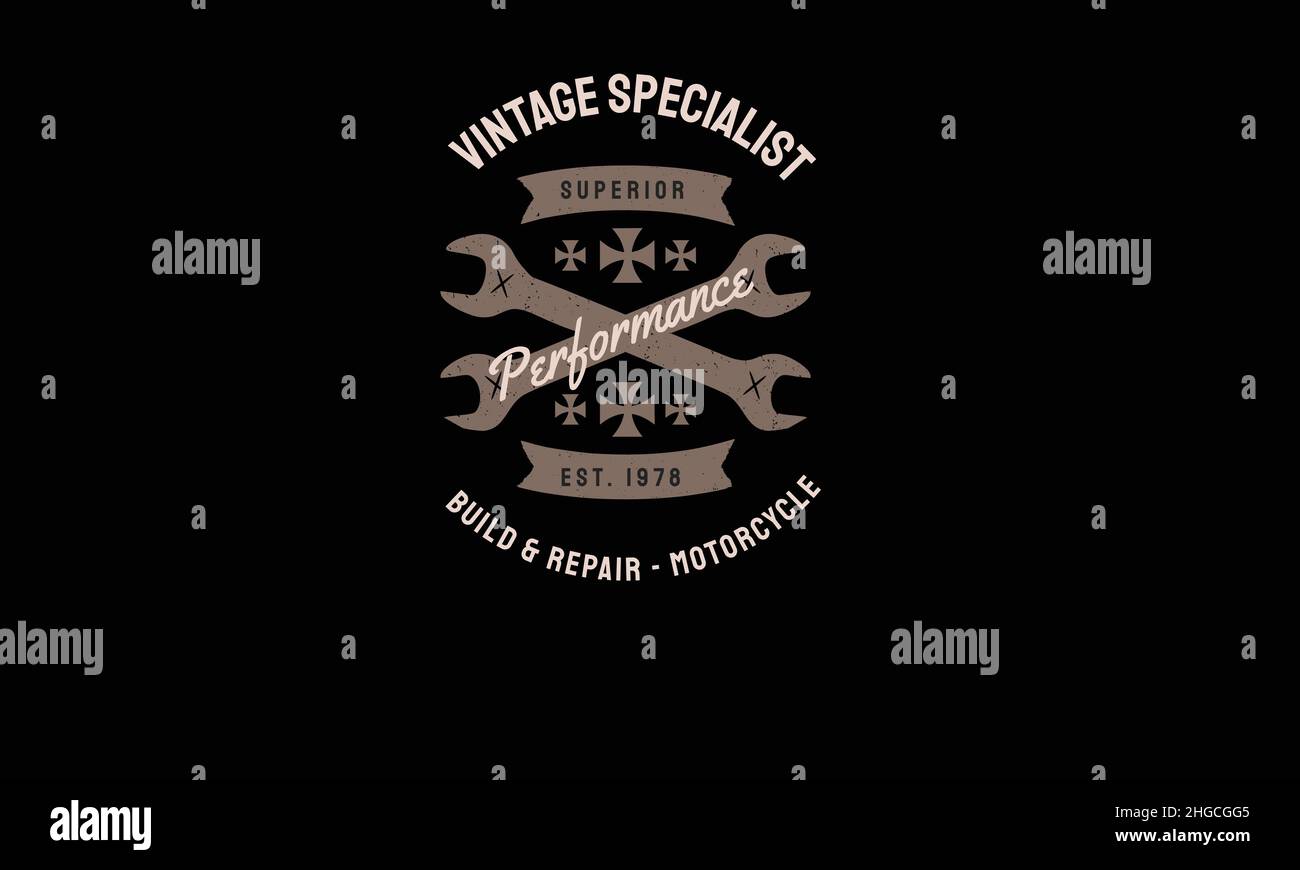 vintage specialist  wrench vintage motorcycle monogram text vector template Stock Vector