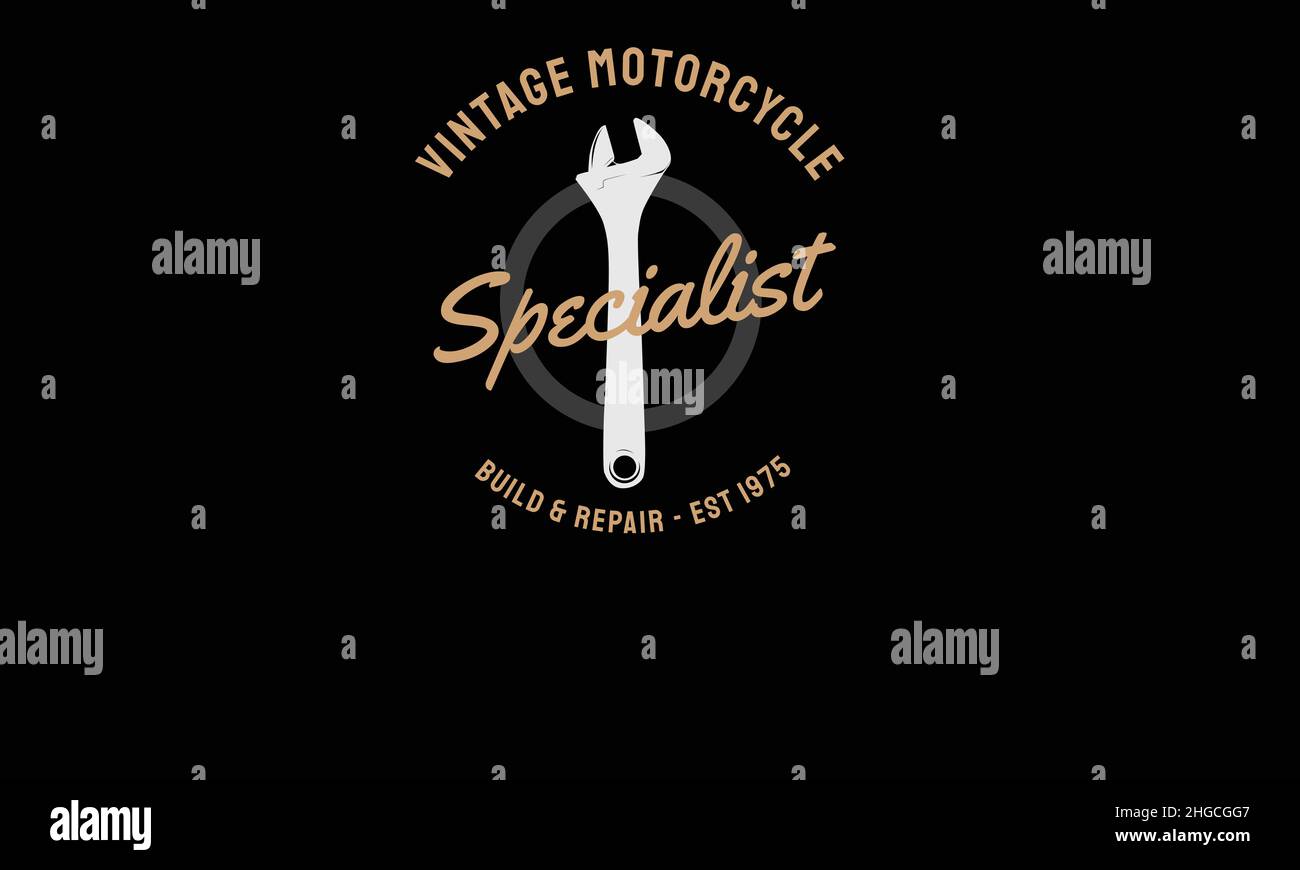vintage motorcycle specialist wrench  vintage motorcycle monogram text vector template Stock Vector