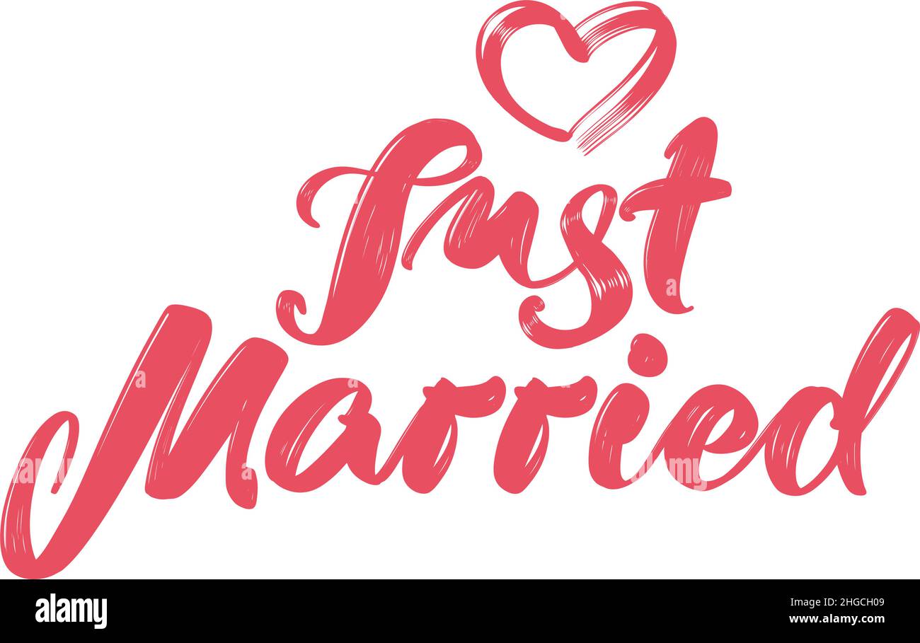 just married text on the white background. greeting card hand drawn ...