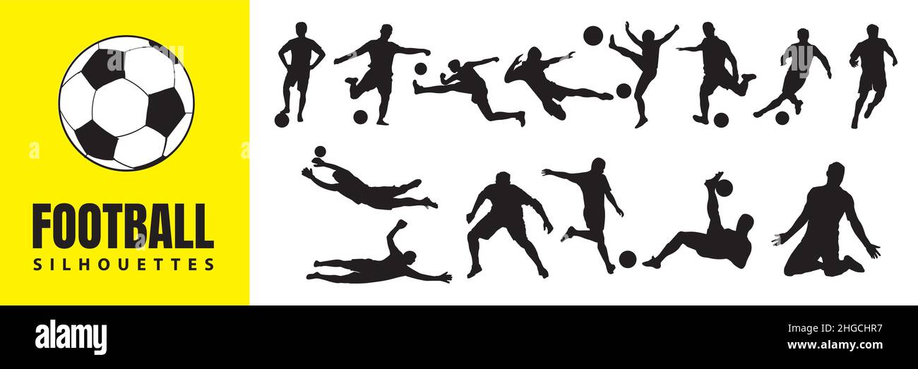 Football Vector Elements. Soccer Players silhouettes. Midfielders, Defenders, Goalkeepers and Strikers isolated on white background Stock Vector