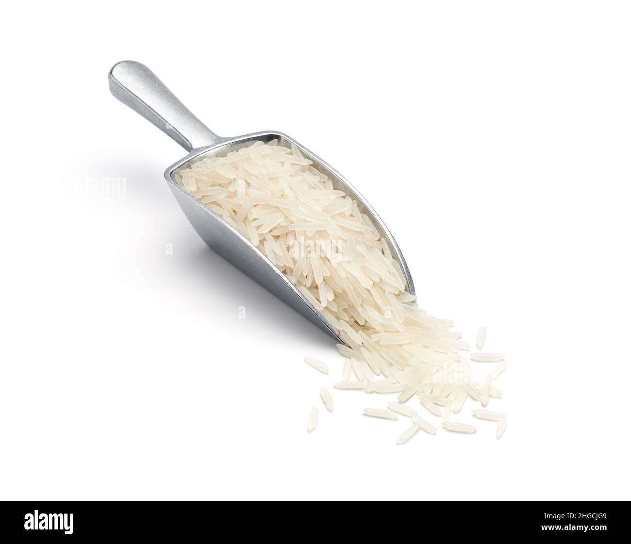 Organic basmati rice on metal scoop isolated on white background - clipping path included Stock Photo