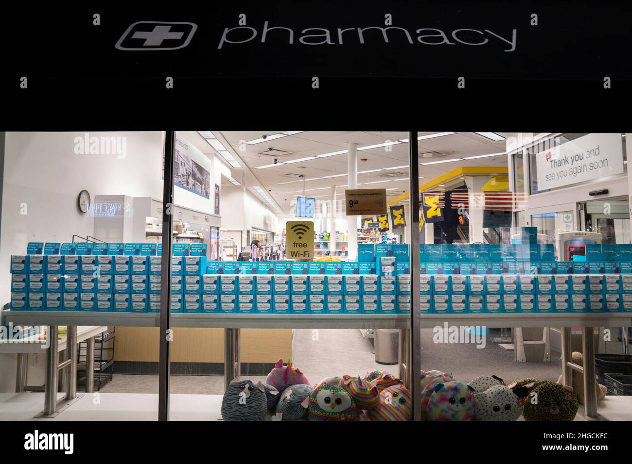 Flowflex COVID19 antigen athome rapid tests line the shelves of