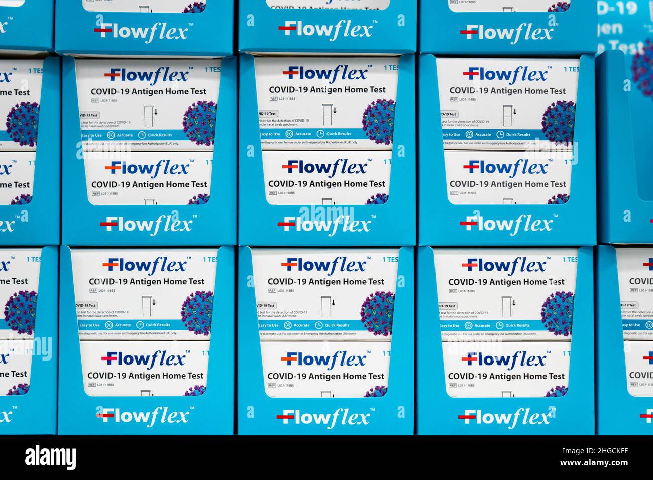 Flowflex COVID19 antigen athome rapid tests line the shelves of