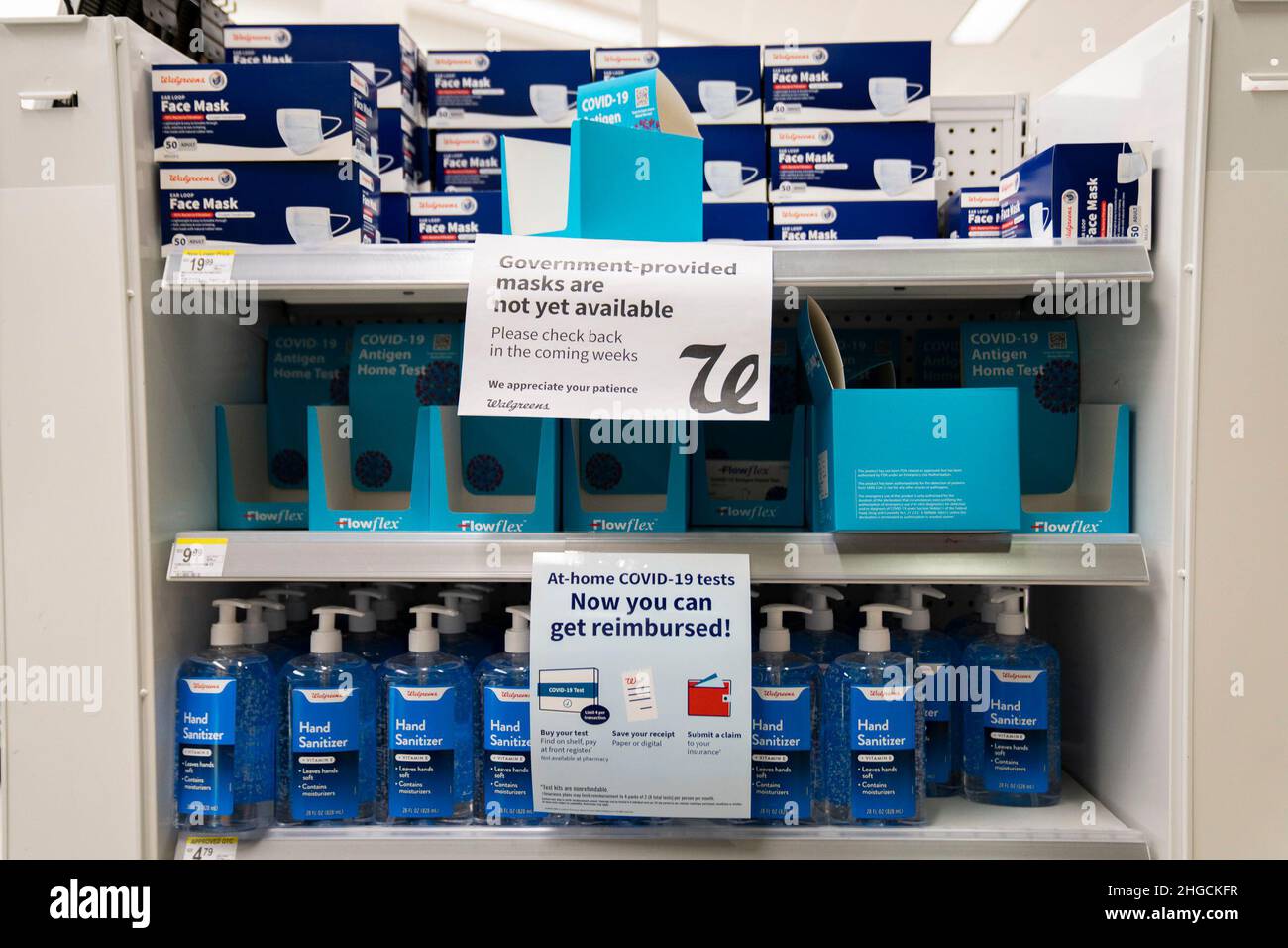 Flowflex COVID19 antigen athome rapid tests line the shelves of