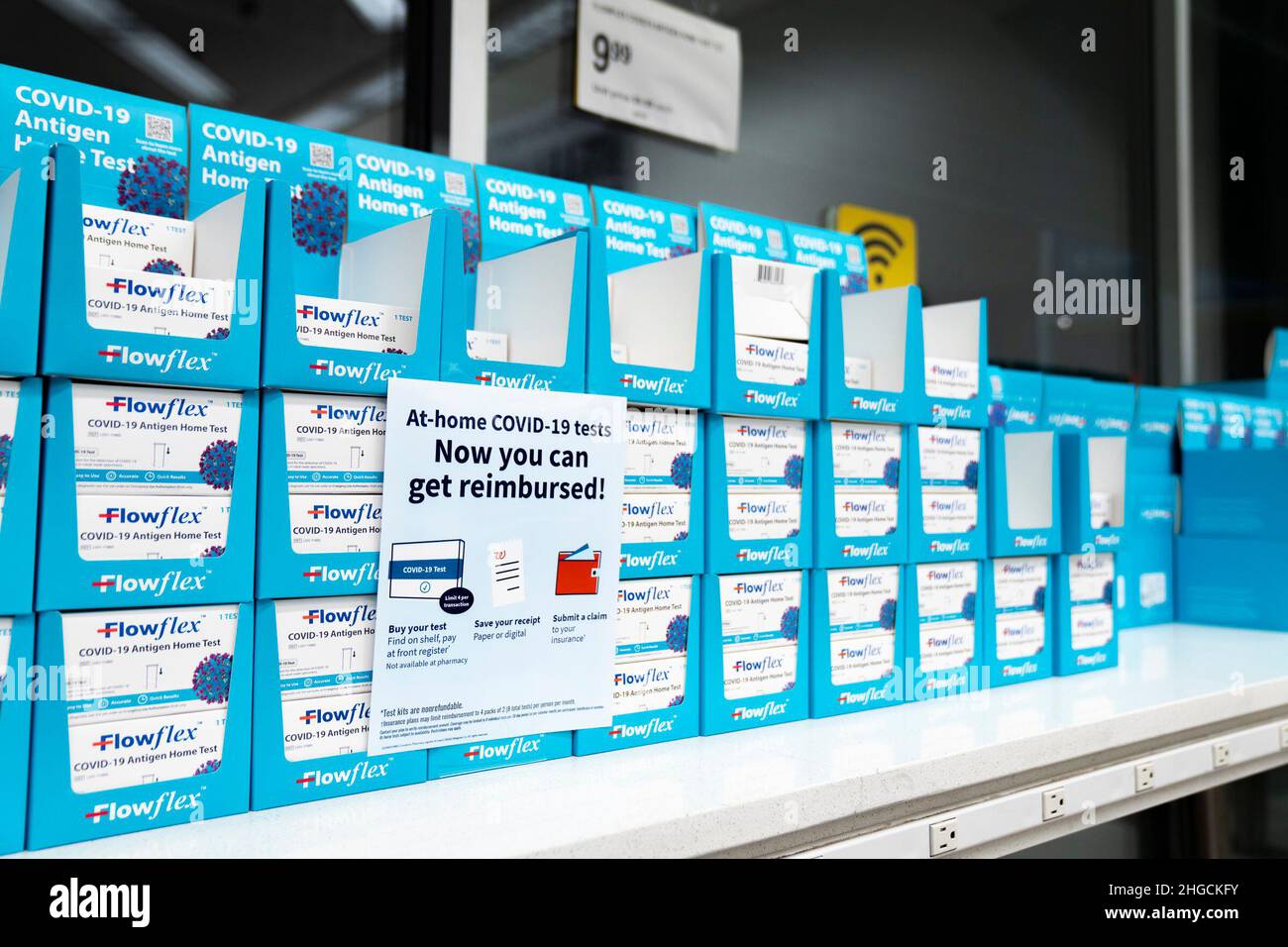 Flowflex COVID19 antigen athome rapid tests line the shelves of
