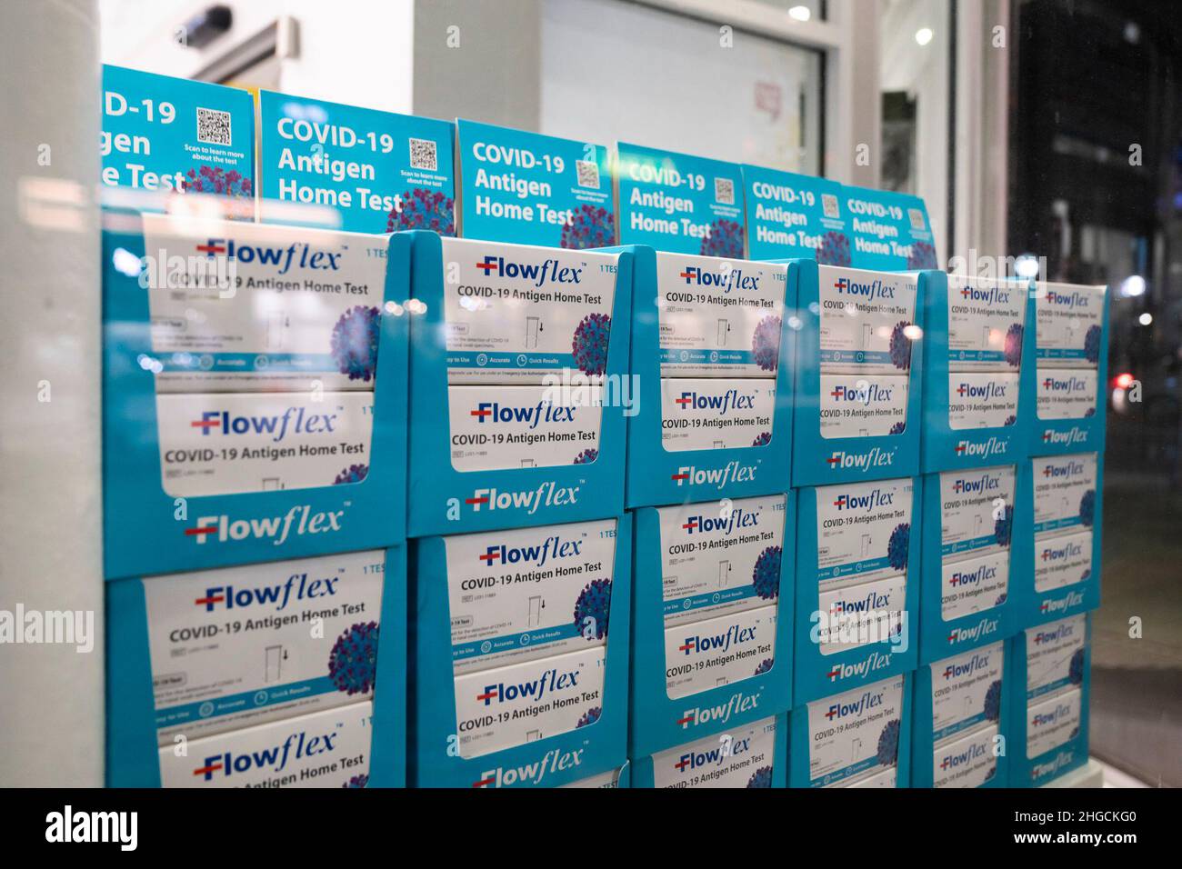 Flowflex COVID19 antigen athome rapid tests line the shelves of