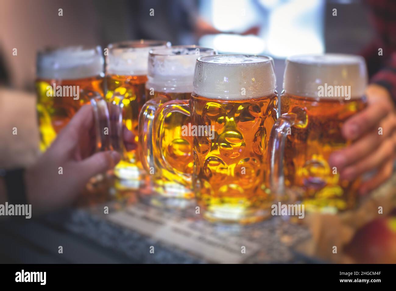 Beer festival view, gold coloured beer glasses assortment in a pub