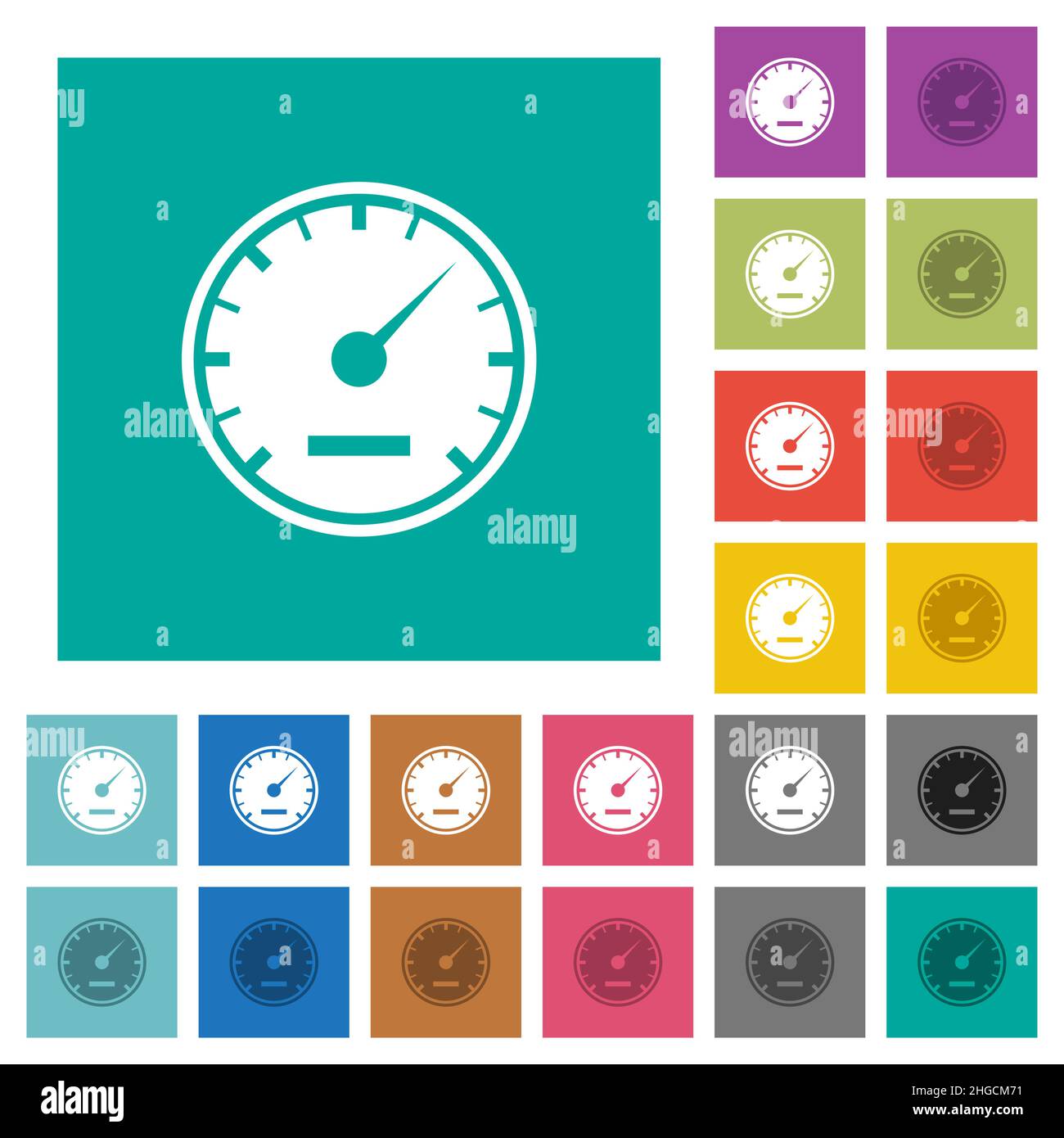 Speedometer solid multi colored flat icons on plain square backgrounds. Included white and darker icon variations for hover or active effects. Stock Vector