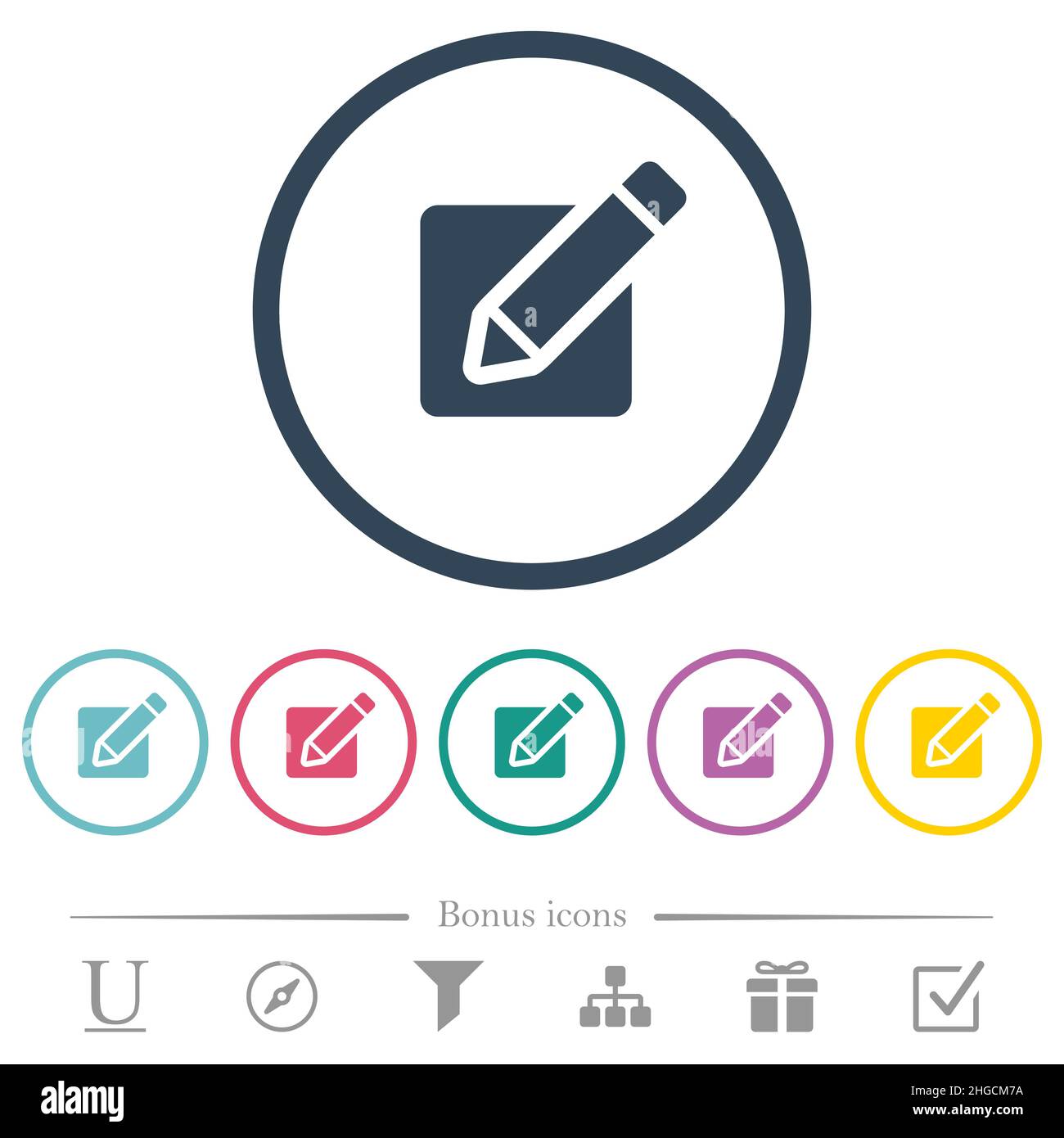 Editing box with pencil solid flat color icons in round outlines. 6 ...
