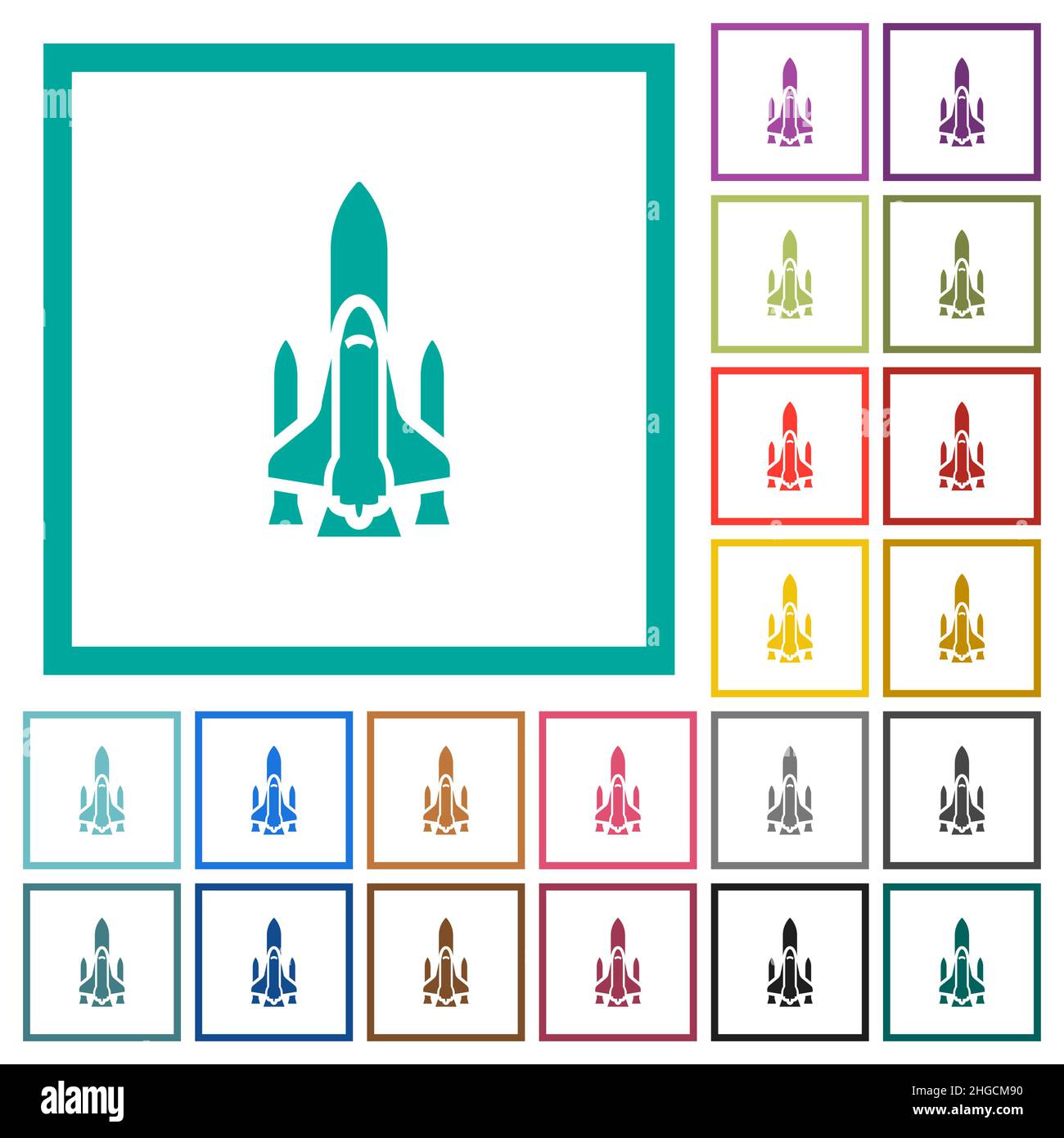 Space shuttle with launchers flat color icons with quadrant frames on ...