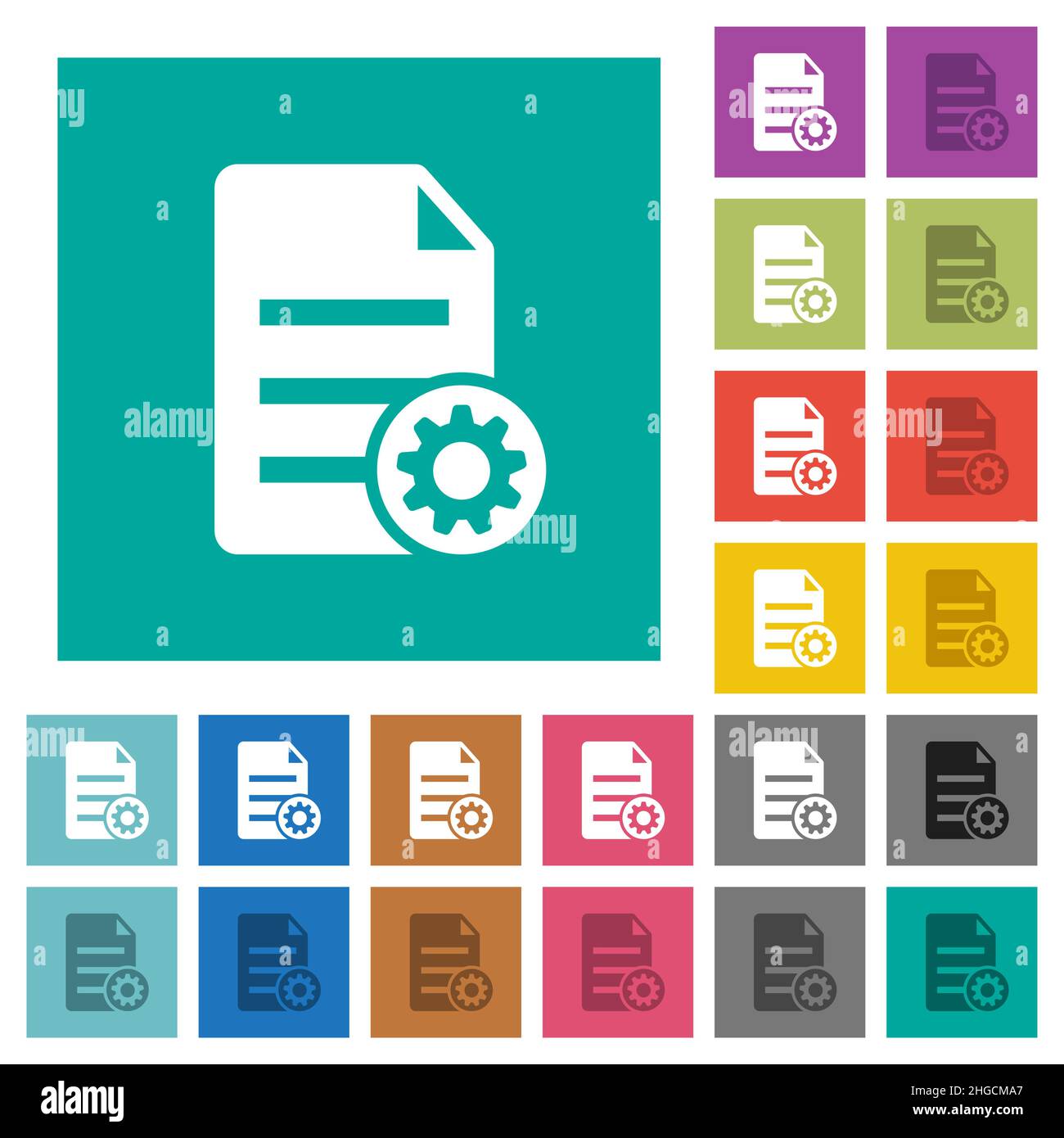 Document settings solid multi colored flat icons on plain square backgrounds. Included white and darker icon variations for hover or active effects. Stock Vector