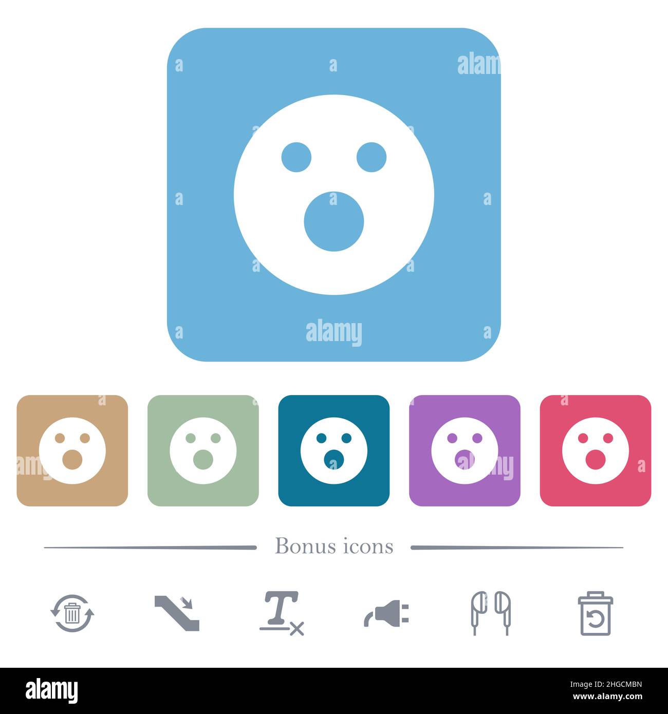 Shocked emoticon solid white flat icons on color rounded square ...