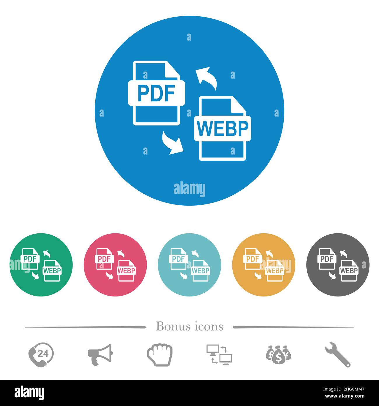 PDF WEBP file conversion flat white icons on round color backgrounds. 6