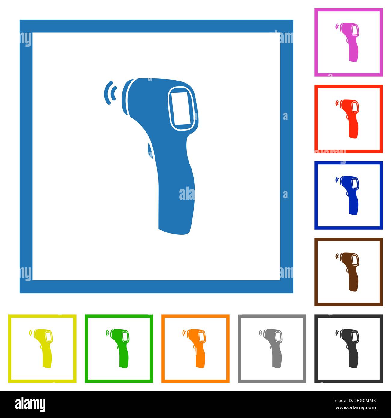Contactless thermometer flat color icons in square frames on white ...