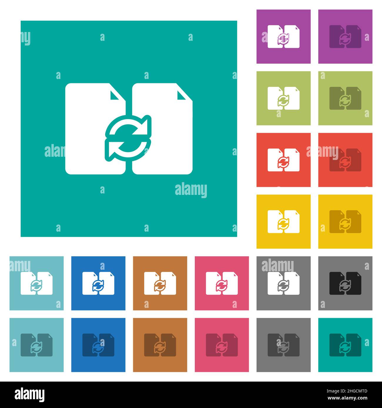 Swap documents solid multi colored flat icons on plain square backgrounds. Included white and darker icon variations for hover or active effects. Stock Vector